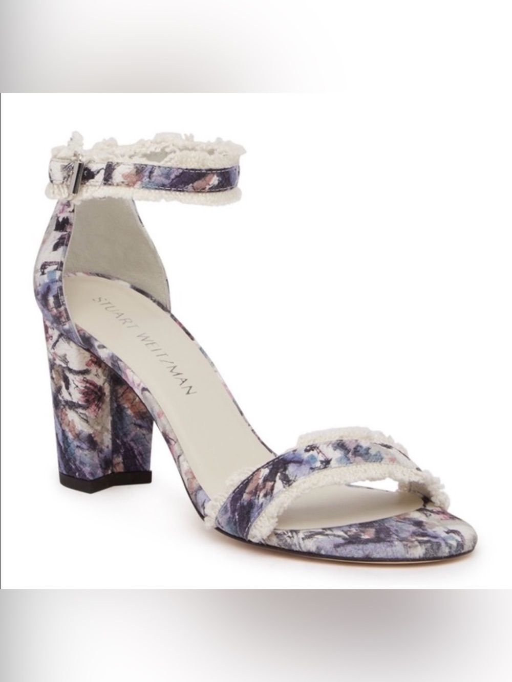 New Stuart Weitzman Purple-Blue Frayed Floral Ankle-Strap Block Heel Sandal